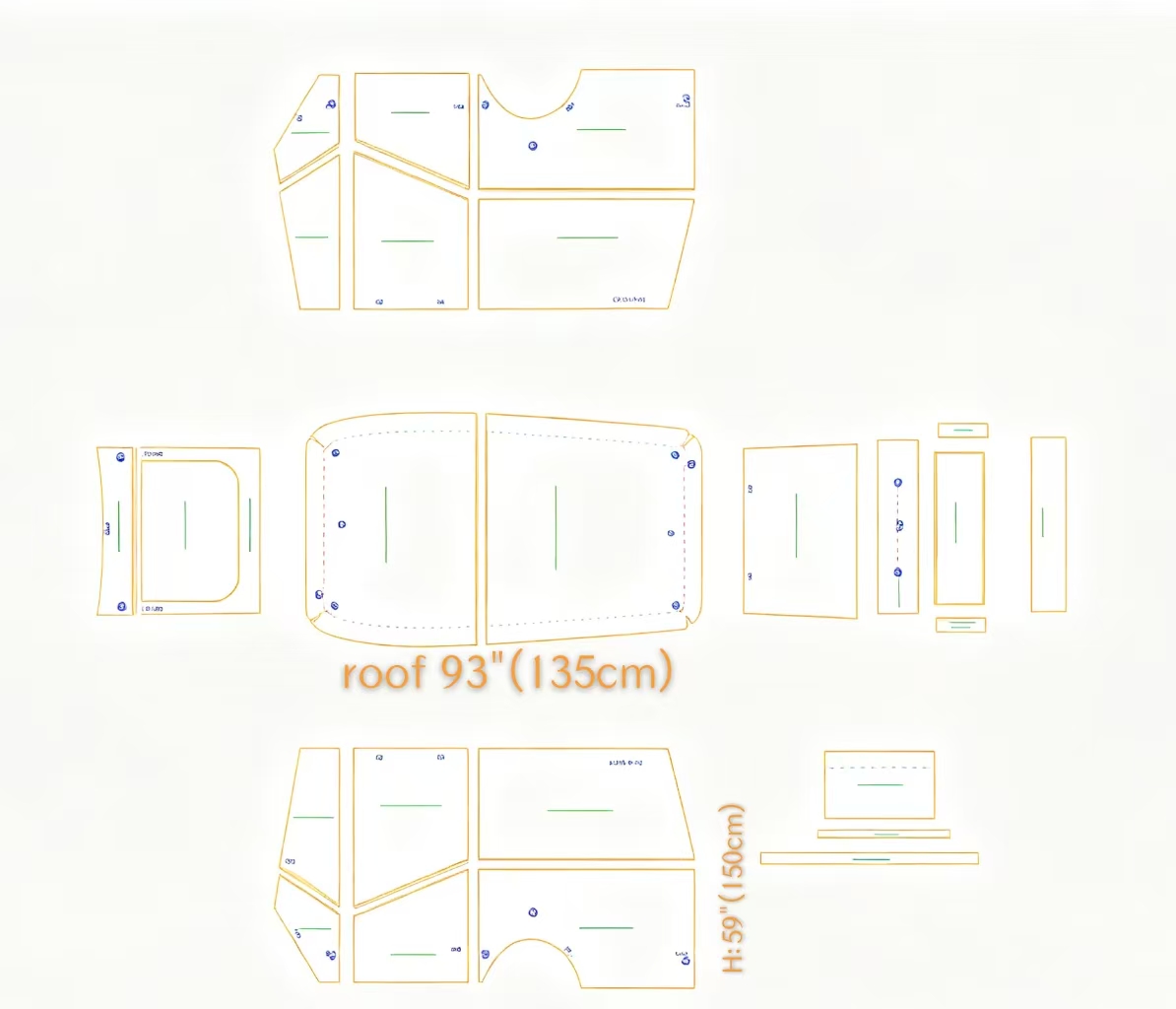 Technical drawing and cut pattern of golf cart rain enclosure Model 130387 with dimensions